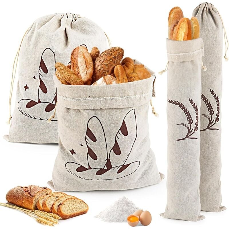 Set mit 4 Leinen-Brotbeuteln mit Kordelzug – Leinen-Brotbeutel für selbstgebackenes Brot – Wiederverwendbar – Stoff-Brot...
