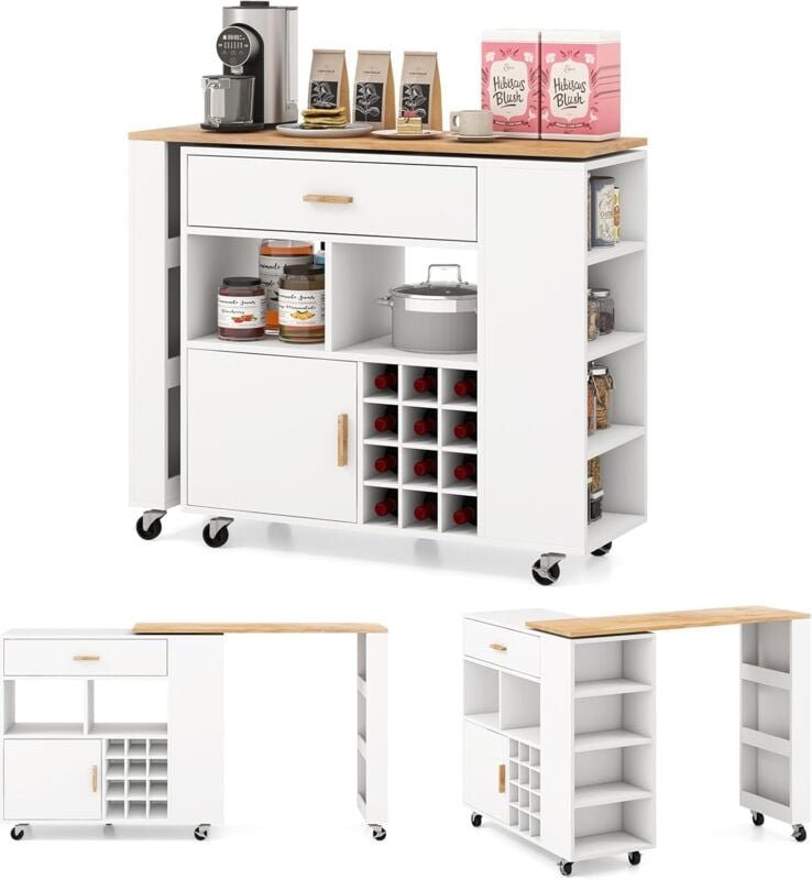 Küchenwagen mit Bartisch, Kücheninsel mit drehbarer Tischplatte, offenen Regalen, Weinregal, Schublade & Schrank, Servie...