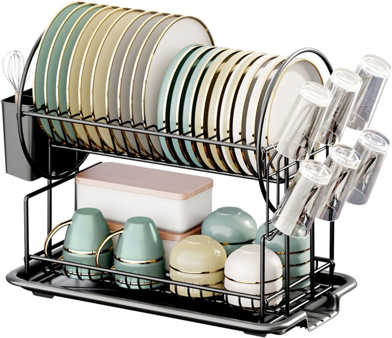 Abtropfgestell Geschirr Schwarz, 2-stufiges Geschirrabtropfgestell Edelstahl, Geschirr Abtropfständer Abtropfgitter, Ges...