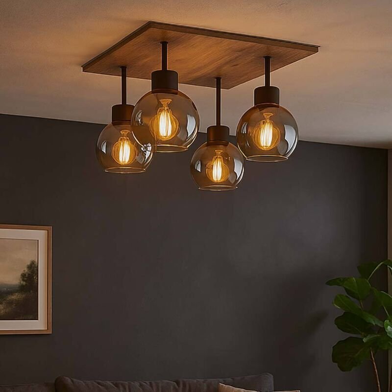 Globo Lighting - Deckenlampe Esstisch Retro Deckenleuchte rustikal Landhaus Deckenlampe Wohnzimmer Holz, mdf Glas rauch ...