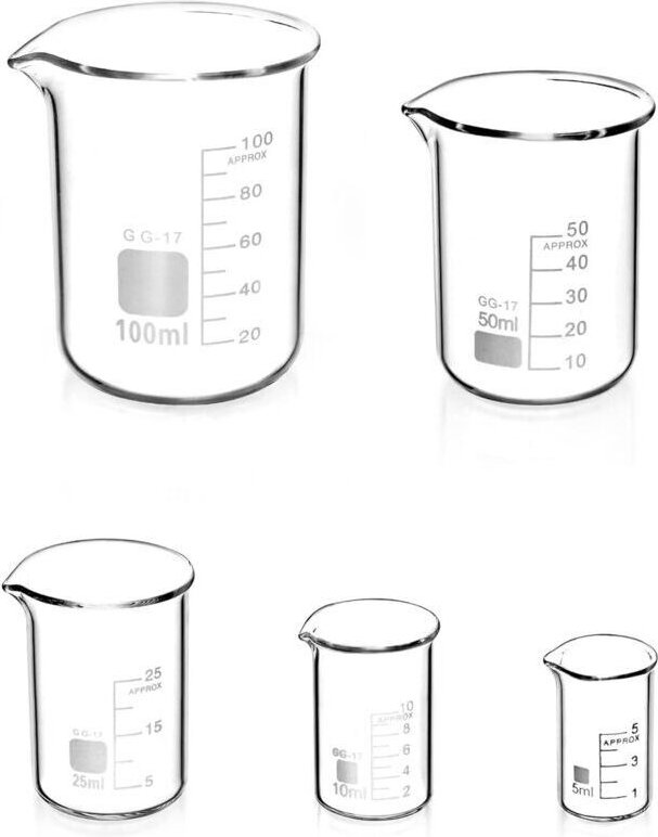 Messbecher aus Borosilikatglas (5 ml, 10 ml, 25 ml, 50 ml, 100 ml) für Labor und Küche