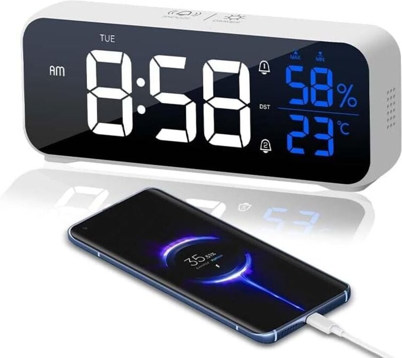 Digitaler Wecker, LED-Digitaluhr im Spiegeldesign, Wecker am Morgen, 5 einstellbare Alarmmodi und 5 einstellbare Helligk...