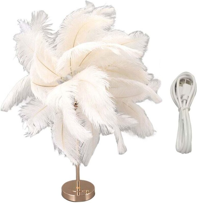Lampe de Table Rechargeable en Plumes d'Autruche Moderne Décoration Romantique Chevet Chambre Blanc