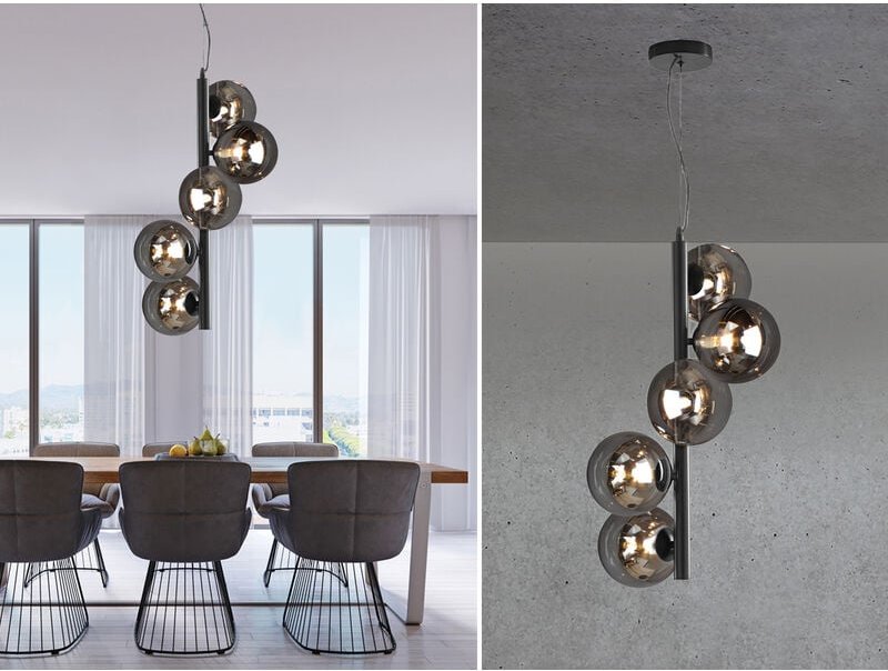 Luce Ambiente Design - Pendelleuchte neptun 5 flammig in Schwarz mit Rauchglas Kugeln lang, Höhe 183cm