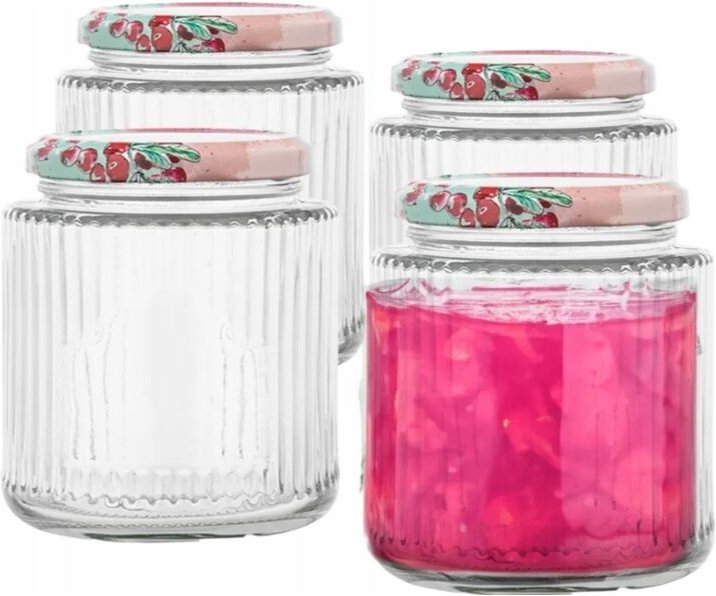 Set mit 4 geriffelten 350-ml-Glasbehältern mit Deckeln und Etiketten