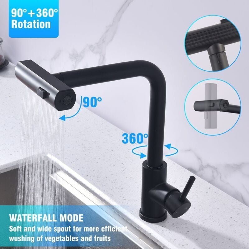 Wasserhahn Küche Schwarz, Küchenarmatur Ausziehbar mit 2 Strahlarten 360° Drehbar, Mischbatterie Küche, Hochdruck Armatu...