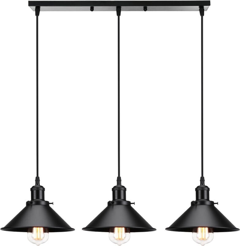 Pendelleuchte Alles Schwarz 3 Flammig Kronleuchter Industrielle Stil Hängelampe mit Ø22cm Metall Lampenschirm Regenschir...