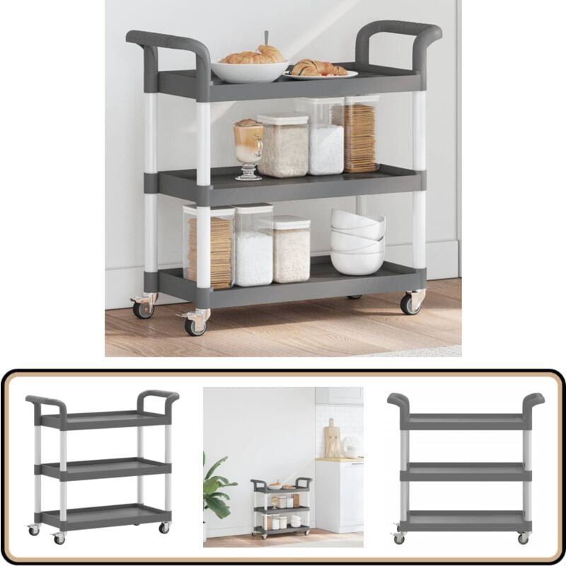 Rollwagen mit 3 Etagen Grau 77x34x72 cm Aluminium - Servierwagen - Küchentisch - Küchenwagen - Rollwagen - Regal