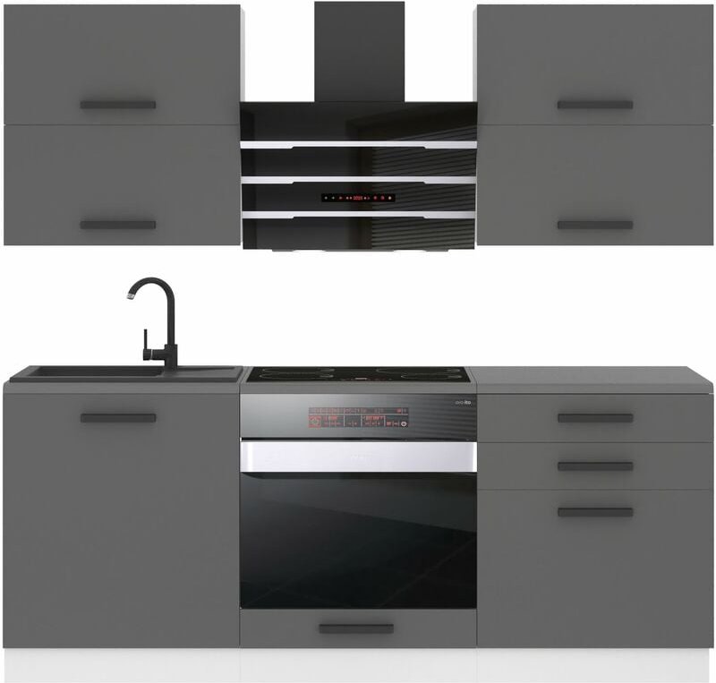 Belini Küchenzeile Küchenblock Emily - Küchenmöbel 180 cm Einbauküche Vollausstattung ohne Elektrogeräten mit Hängeschrä...