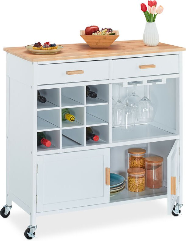 Küchenwagen, HxBxT: 88,5 x 86 x 41 cm, Arbeitsplatte, Weinregal, Gläserhalter, Küchenschrank mit Rollen, weiß - Relaxday...