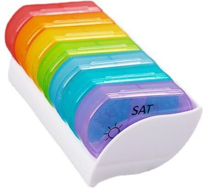 Pillendose für 7 Tage, 14 Fächer, morgens/abends, Mini-Pillendose, mehrfarbig