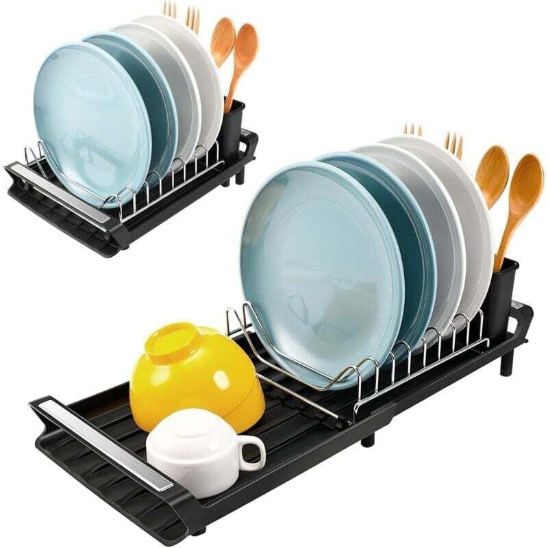 Scolapiatti, scolapiatti compatto estensibile con scolaposate in acciaio inox, vassoio raccogligocce / 28-47 cm (nero)