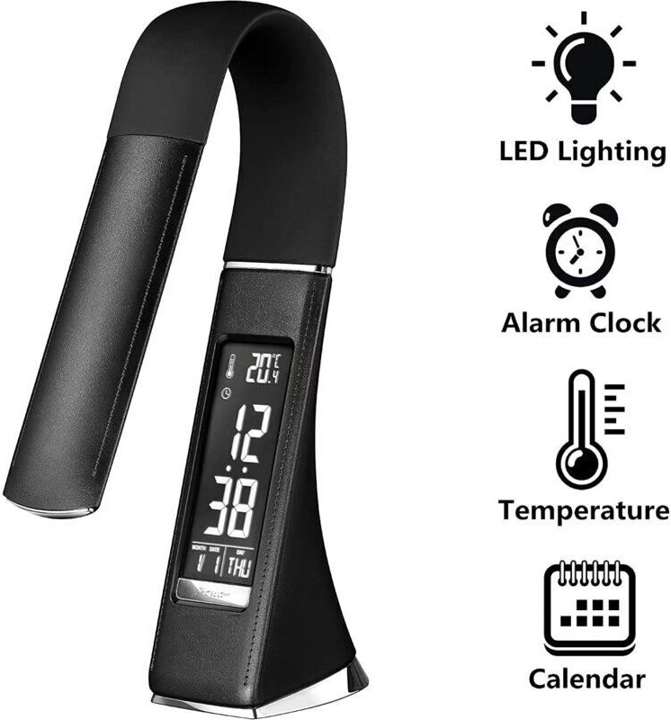 LED-Schreibtischlampe U2 5W, dimmbarer Bildschirm, Tischlampe mit Wecker, Kalender, Uhr- und Temperaturanzeige, Nachttis...
