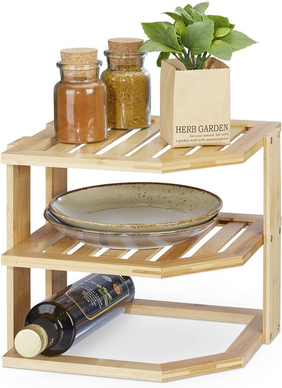 Relaxdays Eckregal Küche, Bambus, HBT 24 x 27 x 25,5 cm, für Arbeitsplatte & Küchenschrank, Regaleinsatz stehend, natur