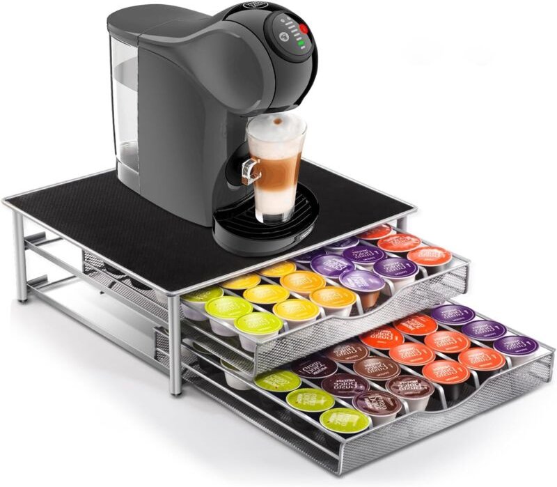 Dolce Gusto Kapselhalter für 72 Kapseln, 2 Aufbewahrungsschubladen mit Kaffeemaschinenständer, Kapselspender für Zuhause...