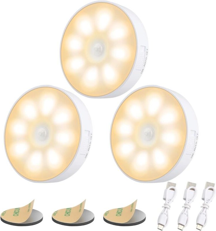 Dussdote 3er-Set LED-Nachtlichter mit Bewegungsmelder, USB-aufladbar, warmes Licht, ideal für Schlafzimmer, Ankleidezimm...