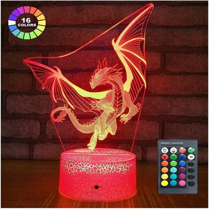 Crediri Drachen-Nachtlicht, Drachenlampe, Nachtlicht für Kinder, 16 Farben mit Fernbedienung, 3D-optische Täuschungslamp...