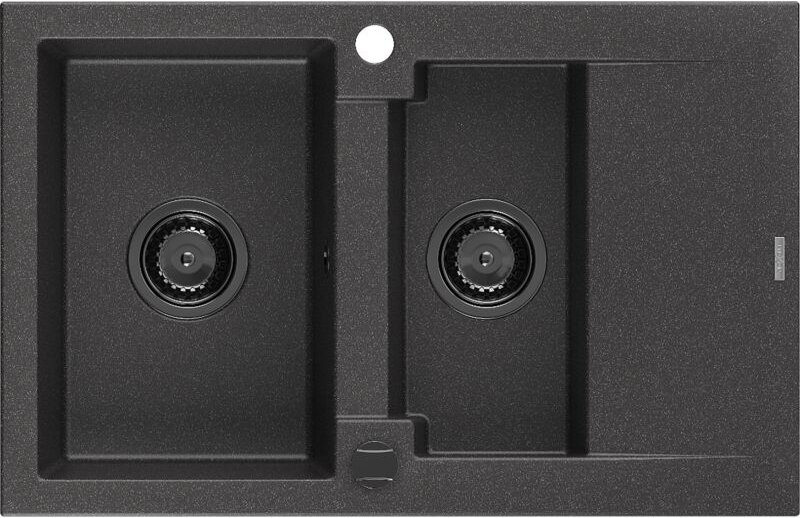 Gaspar 1,5-Becken-Granitspüle mit Abtropffläche 737 x 475 mm, Schwarz gesprenkelt, Siphon Schw - Mexen