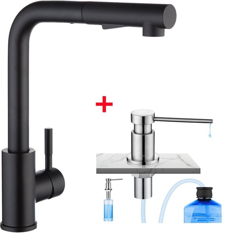 Hochdruck Ausziehbarer Küchenarmatur, schwarzer Küchenarmatur aus Edelstahl + Küchenseifenspender mit 300-ml-Behälter, g...