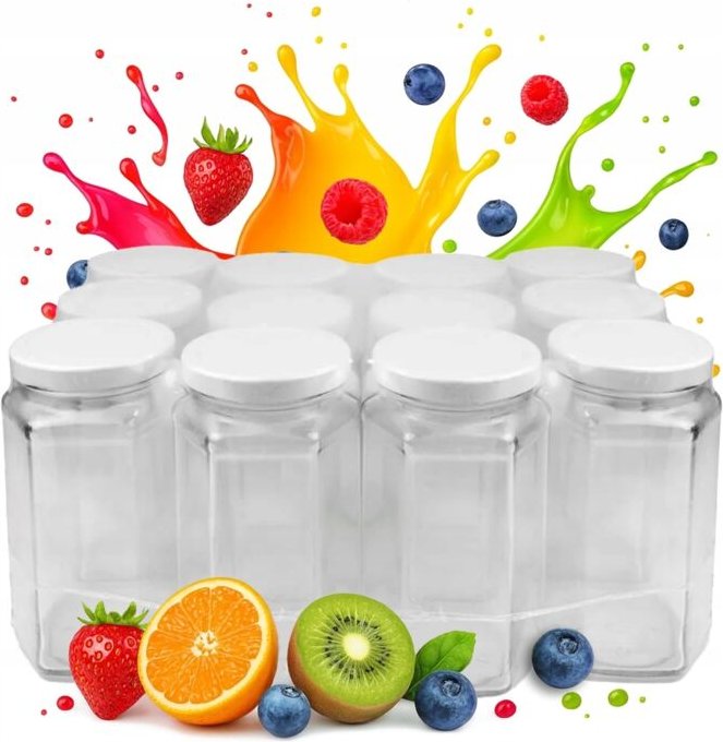 12x Glasbehälter 385ml mit Deckel, sechseckig verschlossen, für Honig und Säfte