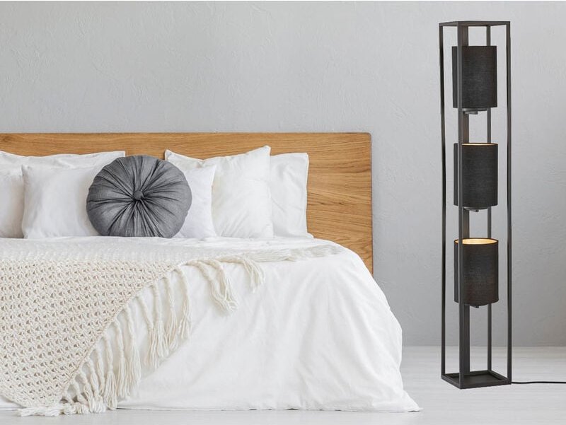 Led Stehlampe 3-flammig Schwarz Stoffschirme innen Gold, Höhe 130cm