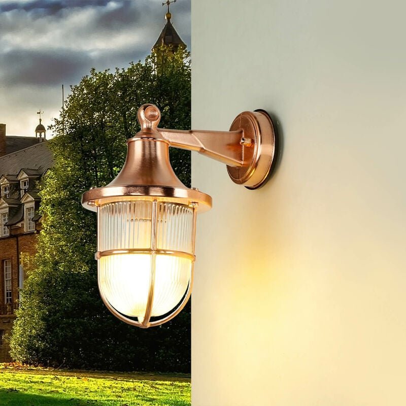 Licht-erlebnisse - Außenlampe Wand in Kupfer Glas Messing massiv E27 IP64 Terrasse Hof Maritim Außenleuchte santorin