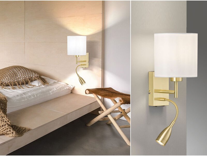 Fischer&honsel - Wandleuchte dreamer Messing mit led Leselampe, Stoffschirm Weiß, Höhe 24cm