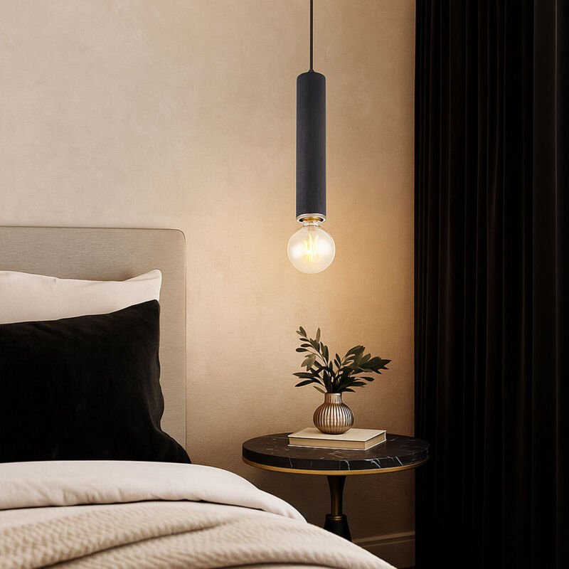 Hängeleuchte Holz Pendelleuchte schwarz Esszimmerlampe Pendel, Metall, E27 Fassung, DxH 12x160 cm