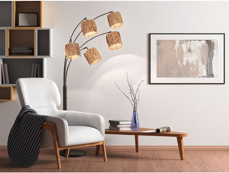 Fischer&honsel - Bogenlampe hyazinthe 5-flammig mit Seegras Lampenschirmen, Höhe 190cm