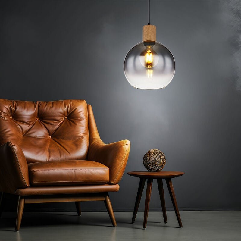 Pendelleuchte Esstisch Holz Esstischlampe Industrial Esszimmerlampe Hängeleuchte, Metall Glas rauch, 1x E27 Fassung, DxH...