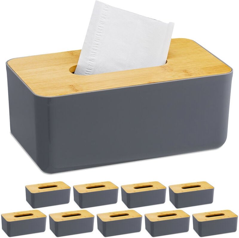 10 x Taschentuchbox, nachfüllbar, Badezimmer, Tücherbox mit Bambus-Deckel, Kunststoff, HxBxT: 10x23x13 cm, grau/natur