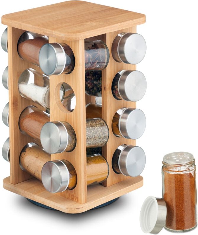 Relaxdays Gewürzkarussell, 16 Gewürzgläser, 360° drehbarer Gewürzständer, HBT 27 x 17 x 17 cm, Bambus Gewürzregal, natur