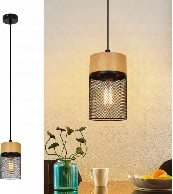 ZMH - gbly Hängelampe Vintage Pendelleuchte Esstisch: 1 Flammig Hängeleuchte Schwarz Gitter Holzmaserung Wohnzimmer Essz...