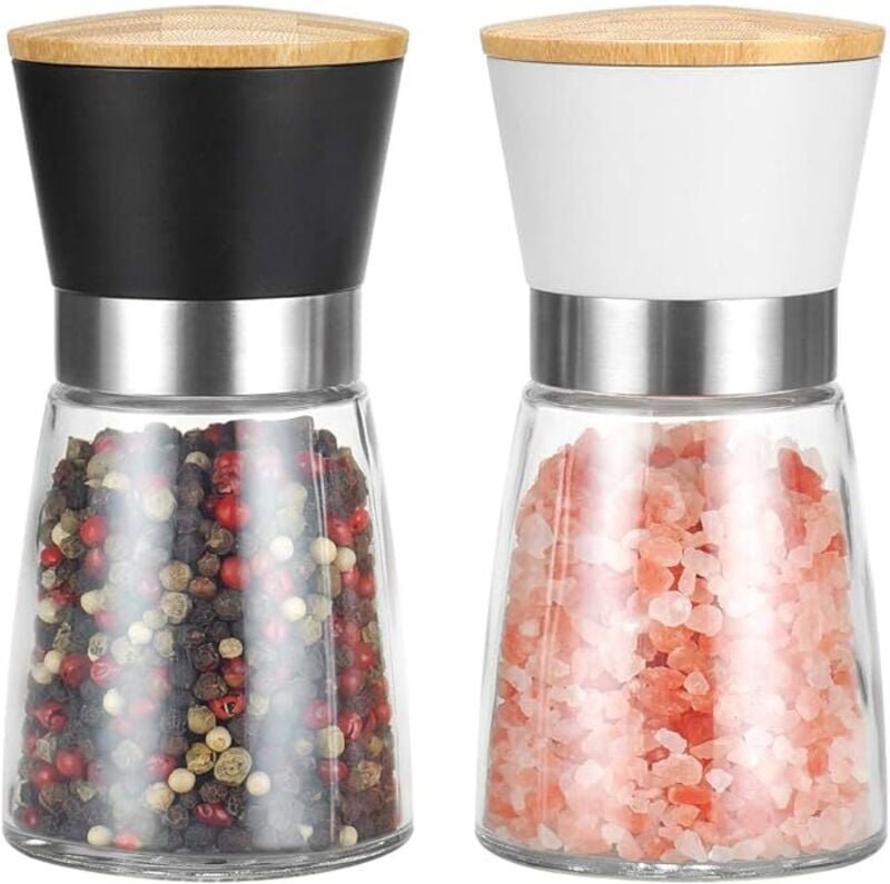 2er-Set Salz- und Pfeffermühlen mit Keramik-Zimtkern, einstellbarer Mahlgrad, Schwarz-Weiß, Bambus, Jubiläumsgeschenk fü...