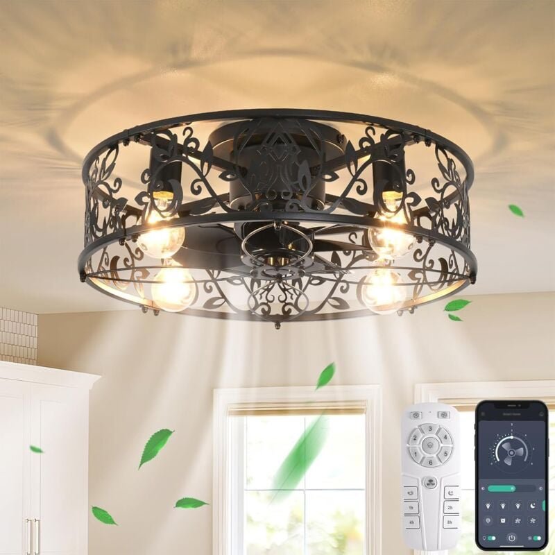 Ganeed - Käfig Deckenventilator mit Lichtern Industriestil Bauernhaus Deckenbeleuchtung 51cm Low Profile Deckeneinbauleu...