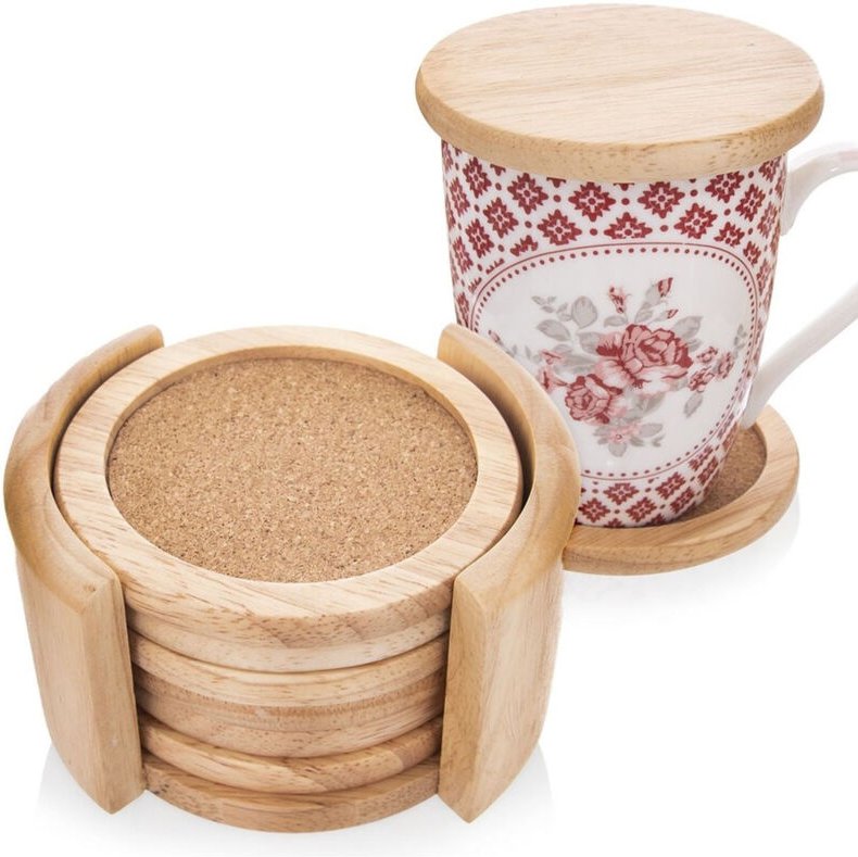 Coasters in wood and cork for cups mugs and glasses