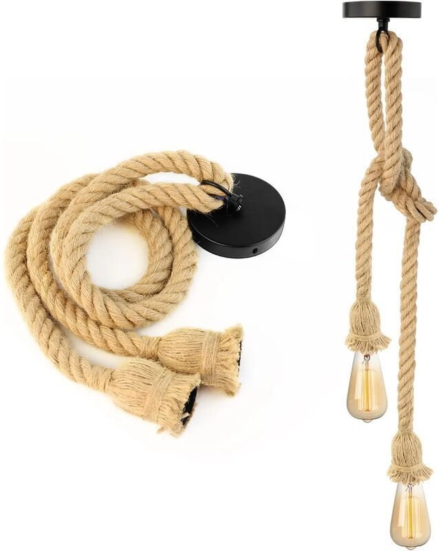 Doppelkopf-Hanfseil-Kronleuchter, Industrielle Pendelleuchte, Retro-Hanfseil-Kronleuchter für Esszimmer, Eingangsbereich...