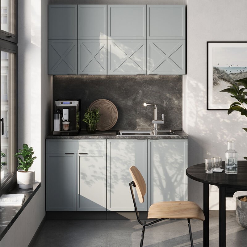 Singleküche Fame-Line, Hellblau-grau/Anthrazit, 140 cm , AP Marmor, Vicco