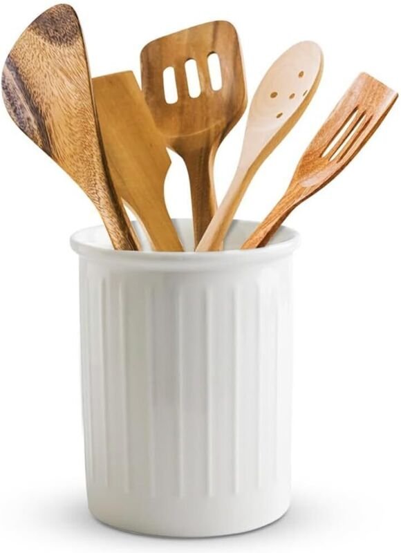 Weißer Keramik-Küchenutensilienhalter, großer Küchenutensilienhalter, geprägt, zur Aufbewahrung auf der Arbeitsplatte, 1...