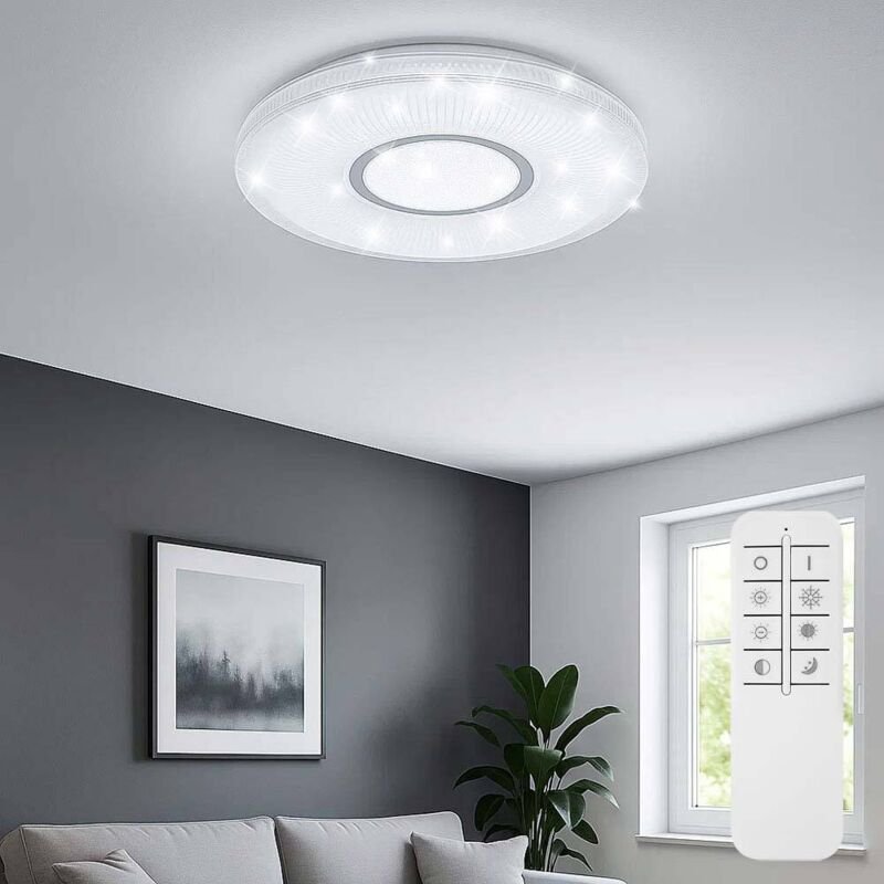 Smart LED Deckenlampe dimmbar mit Fernbedienung Sternenhimmeleffekt Wohnzimmerlampe, Kristalle, 30W 2300lm warmweiß-kalt...