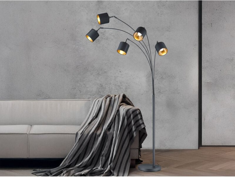 Stehleuchte tommy 5 flammig Metall Stoffschirm Schwarz Gold, Höhe 200cm