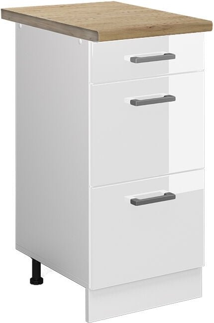 Küchenunterschrank R-Line, Weiß Hochglanz, 40 cm mit Schubladen, ap Eiche Vicco