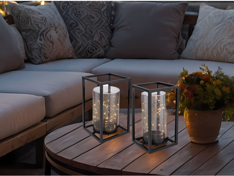 2er Set LED Solarlaternen mit Rauchfarbigem Zylinder & Metallkäfig, H 25 & 28cm