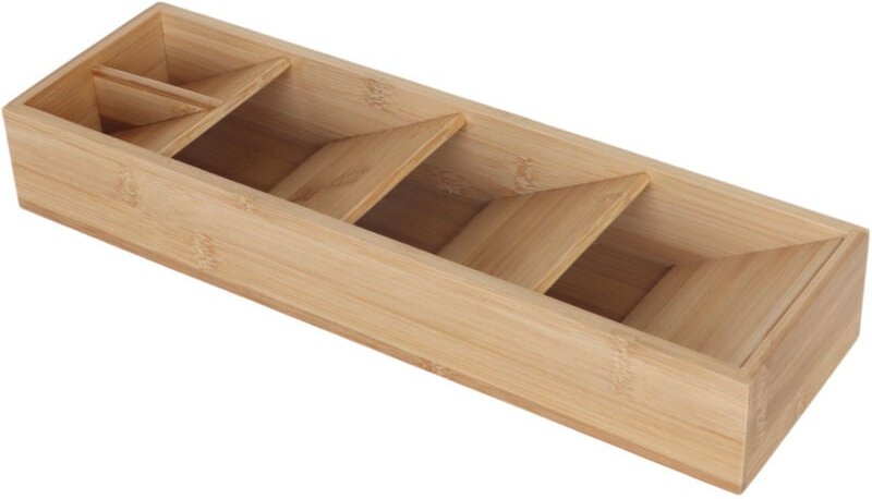 Relaxdays Besteckorganizer, 5 Fächer, Besteckkasten platzsparend, HBT 6x40x12cm, Besteckeinsatz Schublade, Bambus, natur