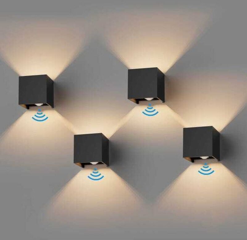 4er Pack 12W Würfel-LED-Wandleuchten – Bewegungsmelder, IP65, warmweiß