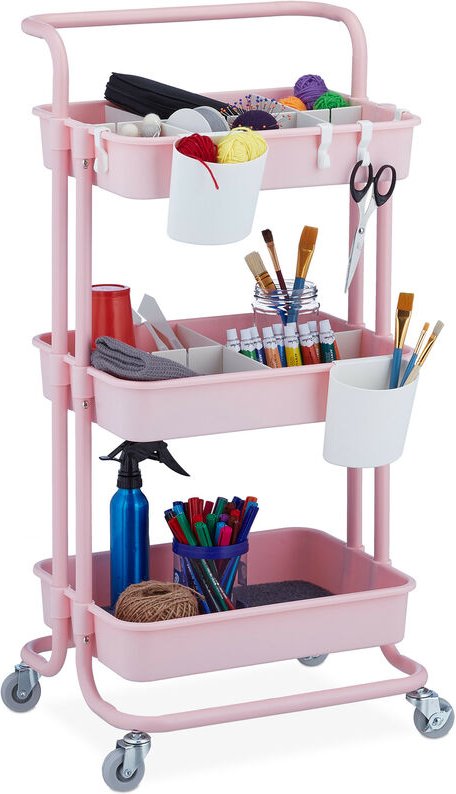 Rollwagen, 3 Etagen, Allzweckwagen, Hobby, Büro, Bad, Küchenwagen hbt: 86x43x42 cm, Metall & Kunststoff, rosa - Relaxday...