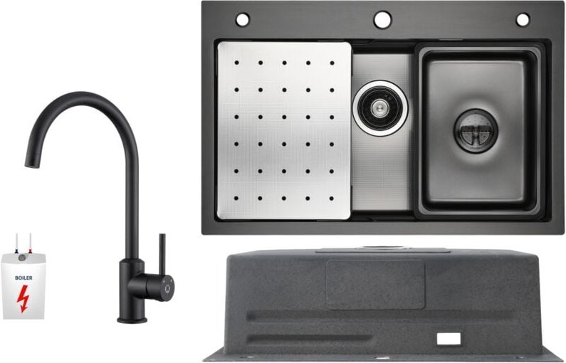 Küchenspüle aus Edelstahl 70x45cm Anthrazitschwarz Mit Abtropffläche + Niederdruck-Küchenarmatur Schwarz Hohe 430MM