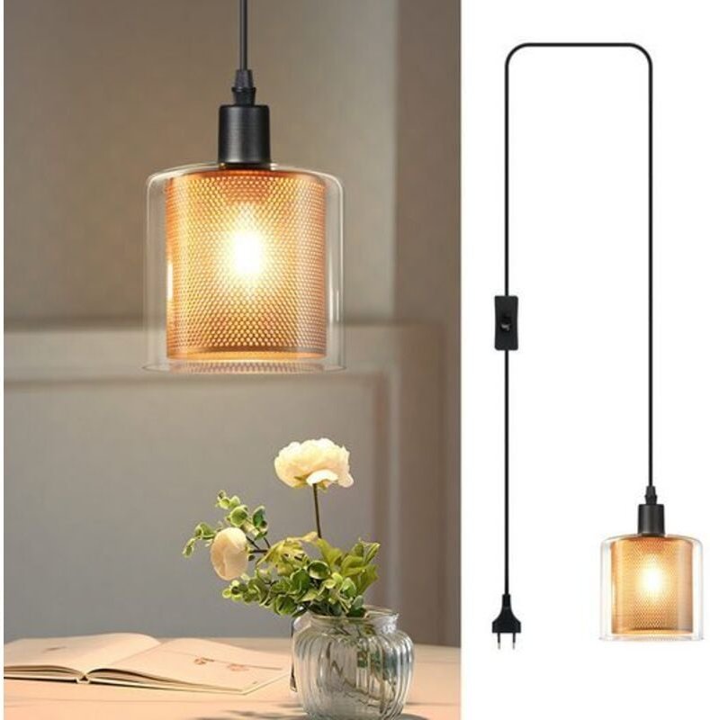Thumbnail - ZMH - gbly Hängelampe Vintage Pendelleuchte 1 Flammig: Glas Gold Hängeleuchte mit Stecker und Schalter Pendellampe E14 2...