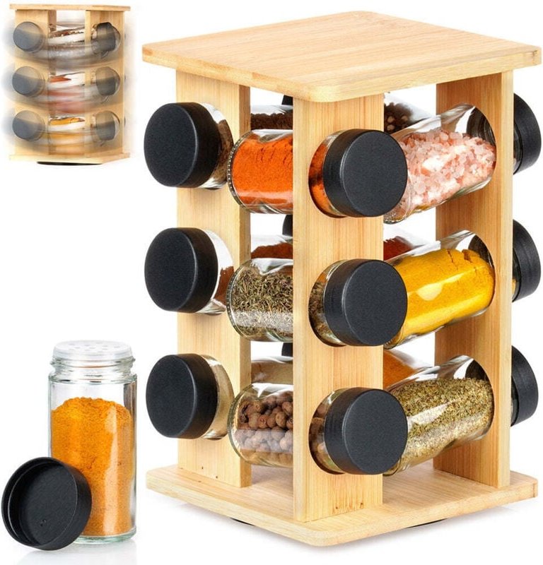 Drehbares gewurzregal aus holz mit 13 behaltern