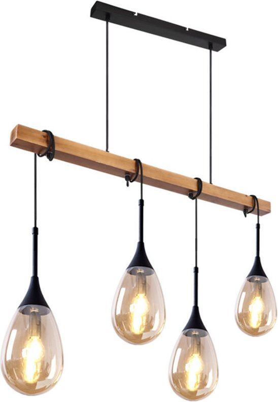 Pendellampe Hängeleuchte Esszimmerleuchte hängend Holzoptik Gitter schwarz Pendelleuchte rund 4 Flammig, Metall mdf, Fas...